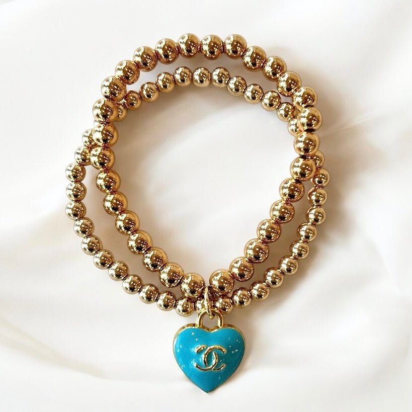 Blue Heart Double Gold Beaded Bracelet Up - Cycled & Repurposed - Boho Mamma Store