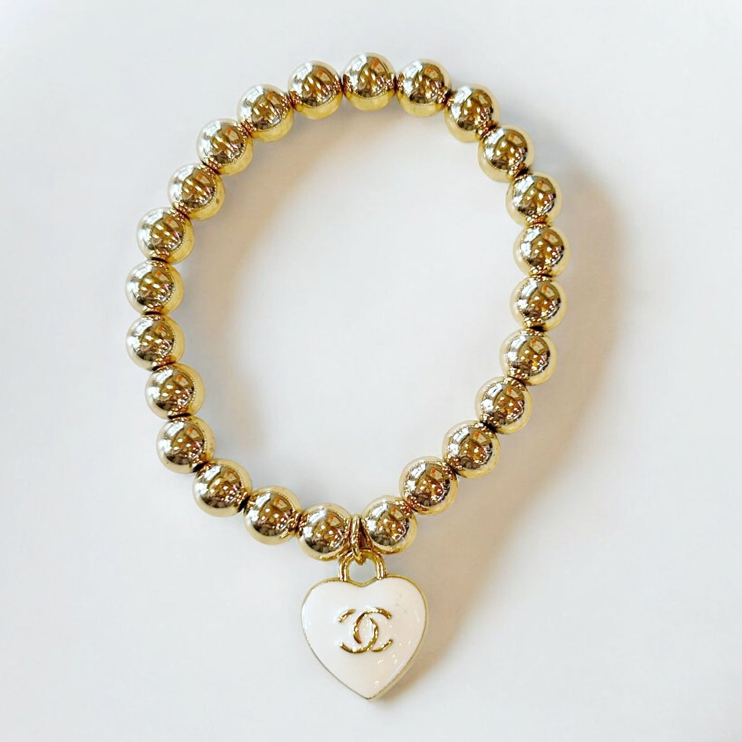 Gold Bead Stack Bracelet White Heart Upcycled & Reporposed - Boho Mamma Store