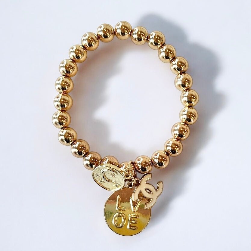 Moonlight LOVE Charm Gold Beaded Bracelet Up - Cycled and Repurposed - Boho Mamma Store