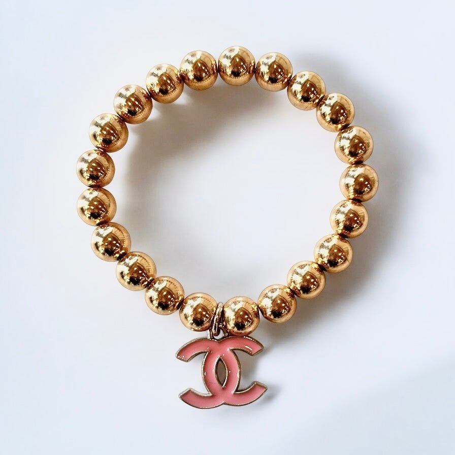 Pink Logo Gold Beaded Bracelet Up - Cycled and Repurposed - Boho Mamma Store