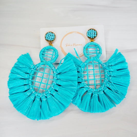 Blue Straw Tassel Earrings - Boho Mamma Store