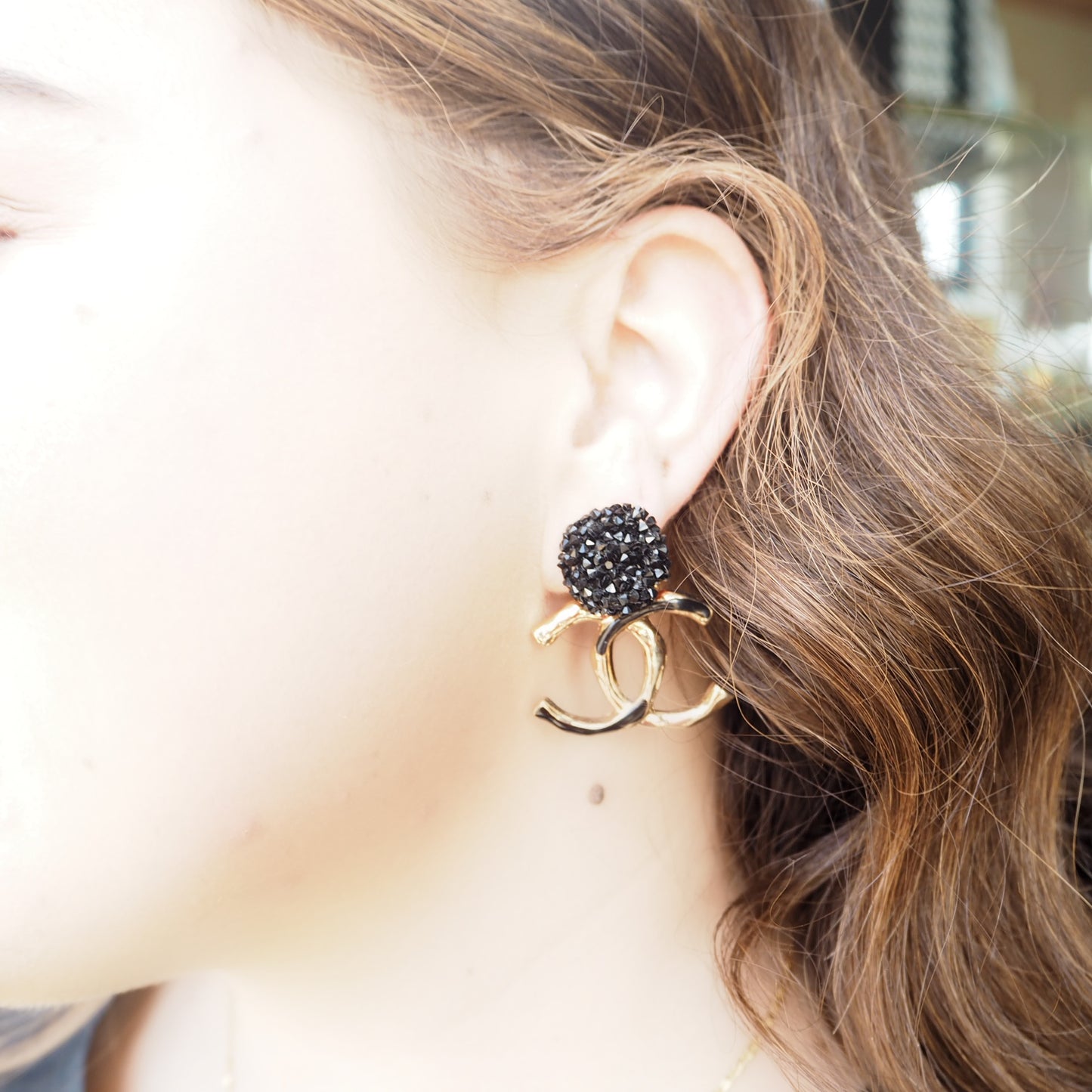 Repurposed Black & Gold Dangle "CC" Earrings