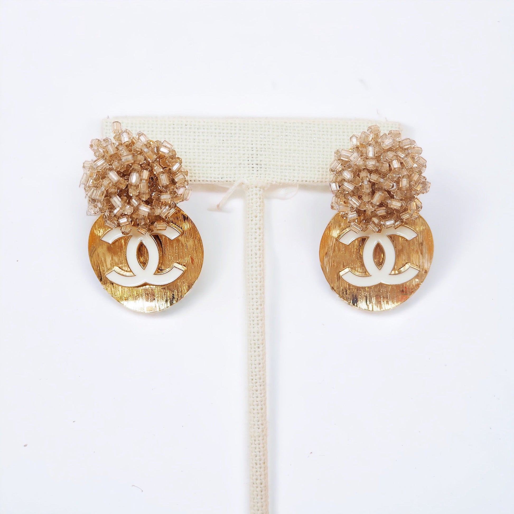 Repurposed Beaded White and Gold Chanel Earrings - Boho Mamma Store